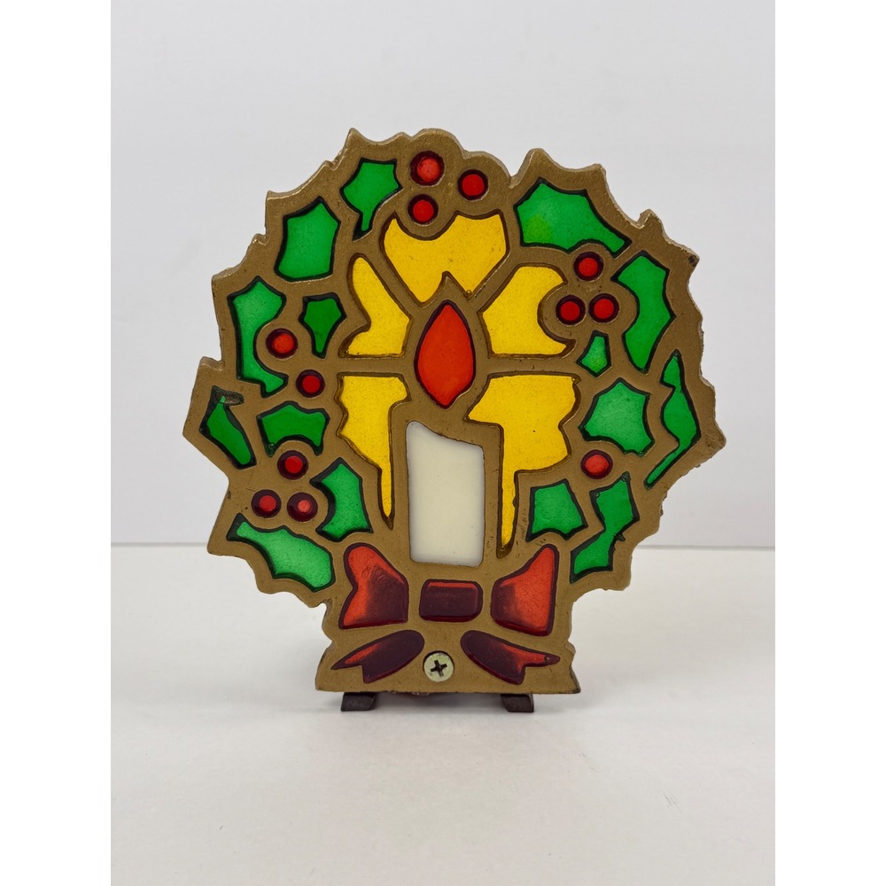 Vintage Christmas Wreath Stained Glass Style Cast Metal Votive Candle Holder